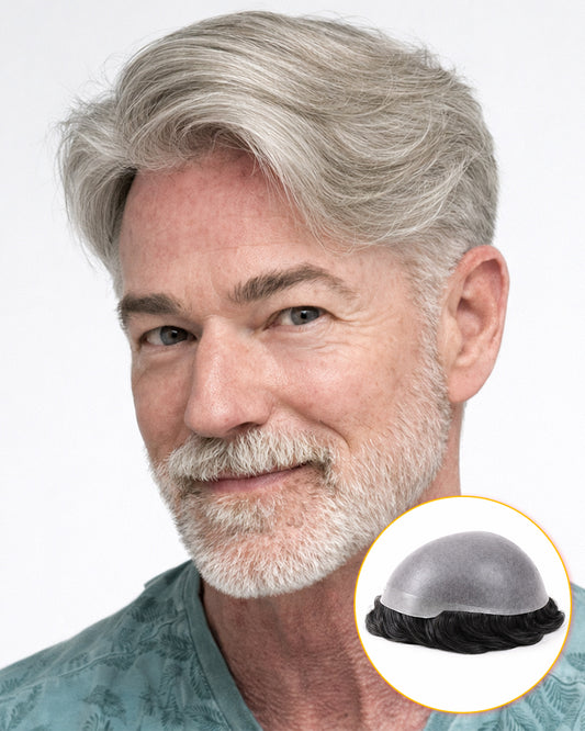Full Thin Skin Men's Hair System | Mens Gray Hair Toupee | Natural V-Loop Thin Skin Toupee