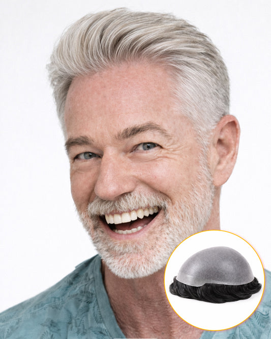 Pre-Cut Men's Hair System | Natural V-Loop Thin Skin Toupee | Grey Men Hair