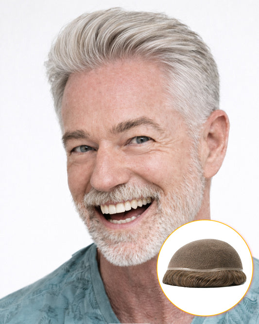 Pre-Cut Ready to Wear Toupee Full Lace Hair Base System Gray Men’s Haircut