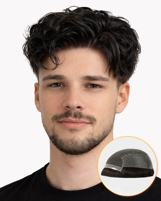 Men's Curly Hair System | Swiss Lace Front & PU Base | Pre-Cut Human Hair Toupee