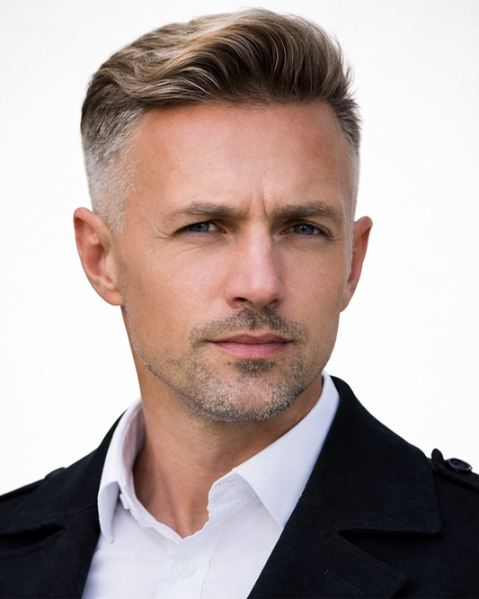 KR005 Classic Side Part Men’s Toupee – Natural Hairline Lace Front | Pre-Cut Breathable Hair System