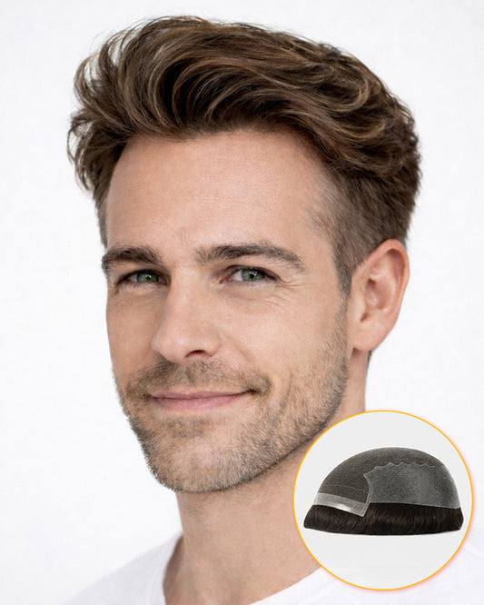 Q6 Pre-Cut Men's Hair System -Swiss Lace Front Toupee | Hair System for Bald Men