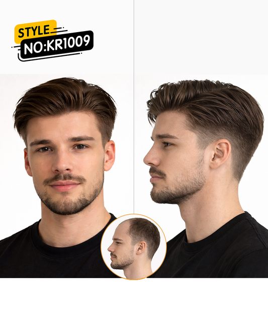 Men’s Quiff Hair System – Slick Back Pompadour Style | Lace Front Natural Hairline Pre-Cut Toupee