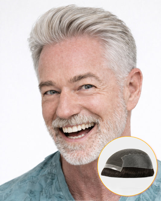 Men’s Gray Short Hair System Pre-Cut Ready to Wear Human Hairpiece Breathable Q6 French Lace Base