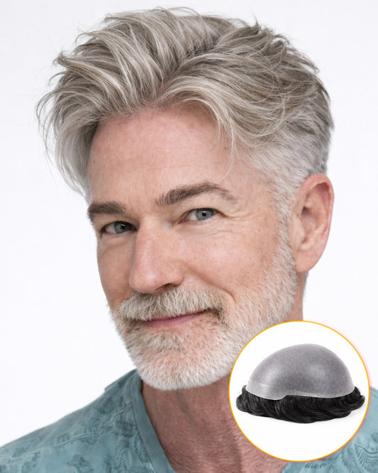 Gray Mixed Hair Replacement Pre-Cut Men's Toupee | Lace & Thin Skin Base Hair System