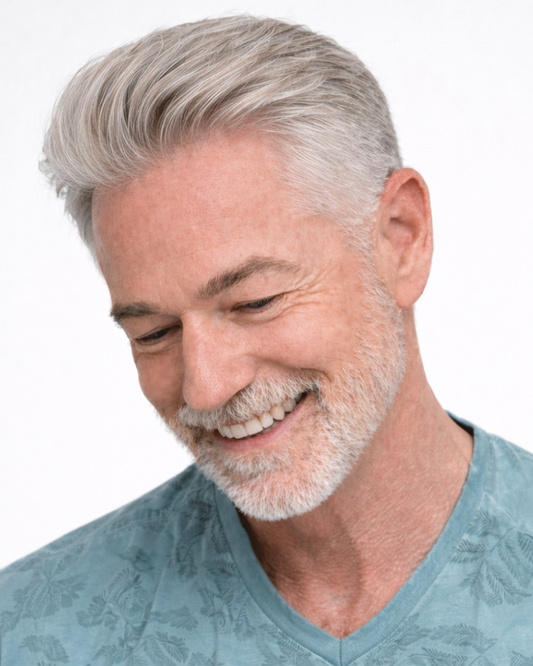 KR002 Men’s Gray Short Hair System – Natural Salt & Pepper | Lace Front Pre-Cut Ready to Wear Toupee