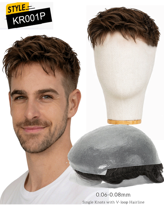 Thin Skin Men's Hair System Cut-to-Size Breathable Toupee, No Knots Real Human Hairpiece
