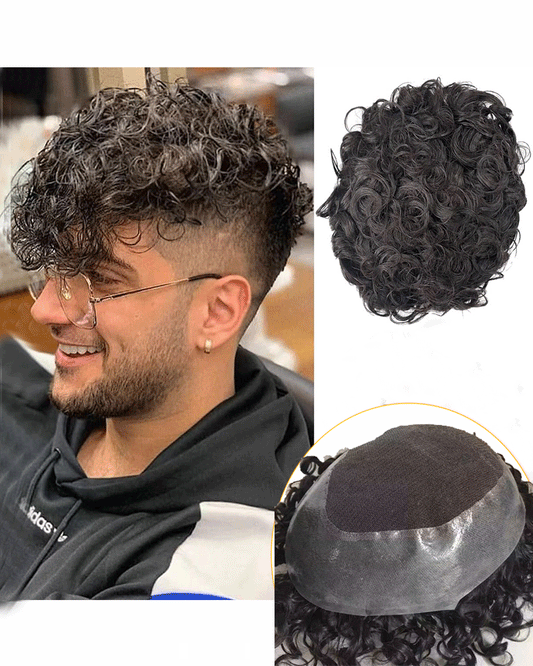 Curly Austrilian Base  Pre-cut Men Hair Systems - 100% Human Hair Toupee Ready to wear Hairpiece