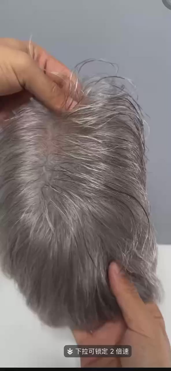 Gray Mixed Hair Replacement Pre-Cut Men's Toupee | Lace & Thin Skin Base Hair System