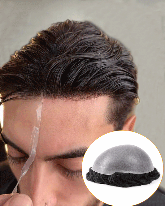 Men Slick Back HairCut Hair System - 0.06mm Ultra Thin Skin Toupee | V-Loop Shapes Natural Hairline Hairpiece